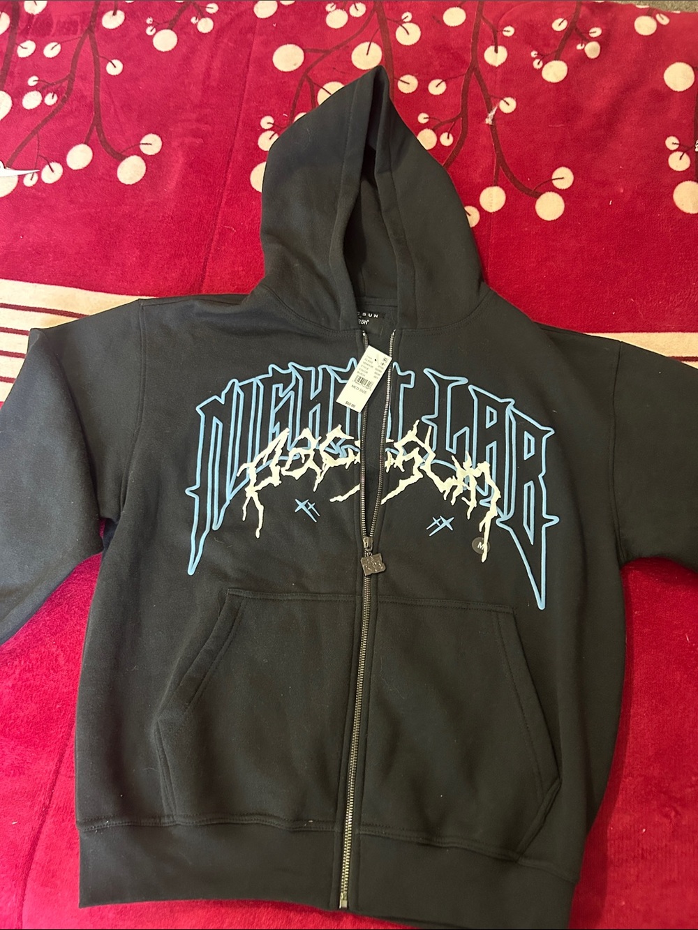 PacSun Black Zip-Up Hoodie with Blue Lightning Graphic